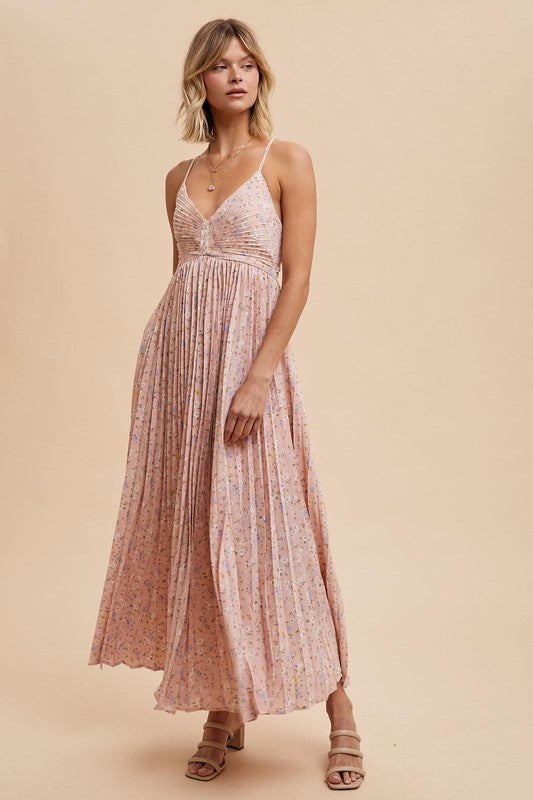 Floral Pleated Open Back Midi Dress