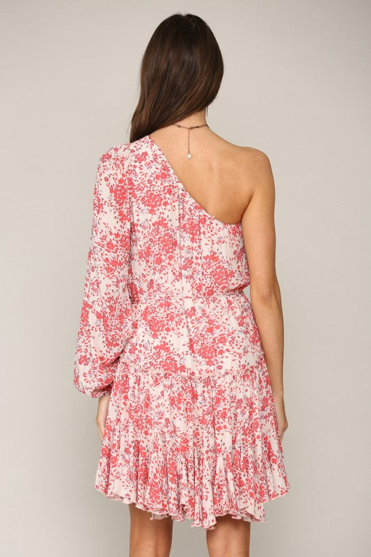 Coral/Cream One Shoulder Mini Dress