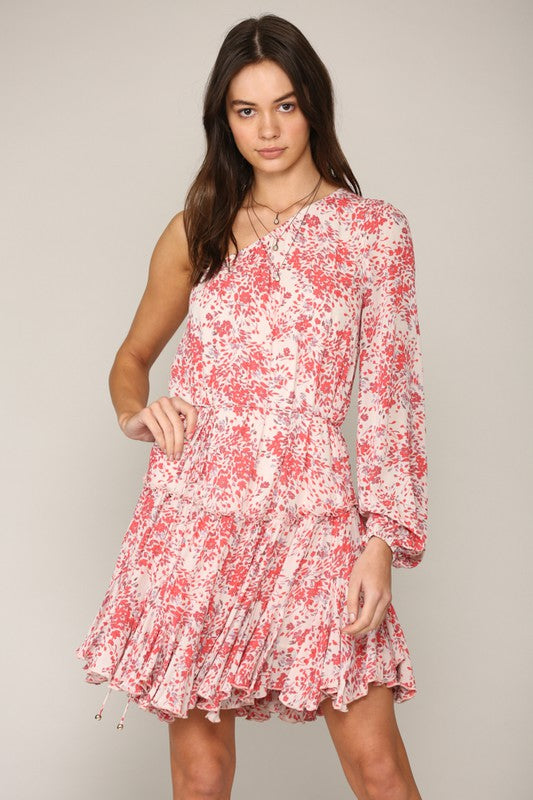 Coral/Cream One Shoulder Mini Dress