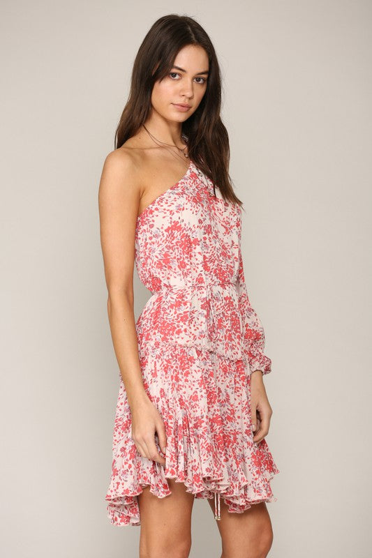 Coral/Cream One Shoulder Mini Dress