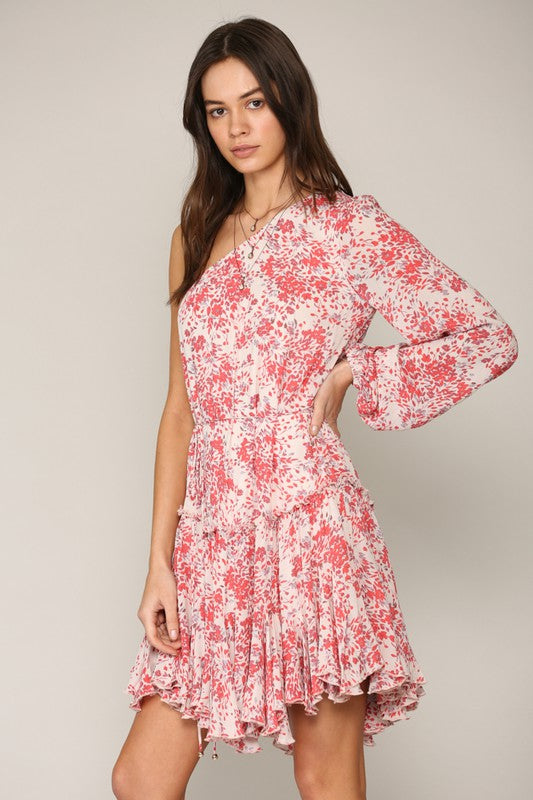 Coral/Cream One Shoulder Mini Dress
