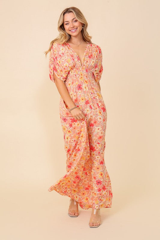 Peach Floral Batwing Maxi Dress
