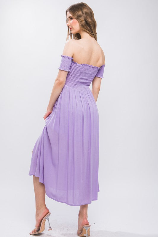 Lavender Smocked Off Shoulder Midi Dress