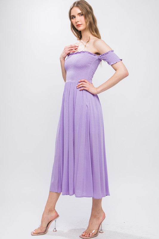 Lavender Smocked Off Shoulder Midi Dress