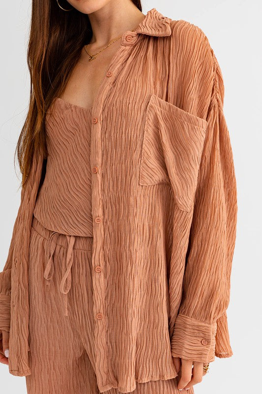 Dusty Salmon Crinkle Oversized Button Up