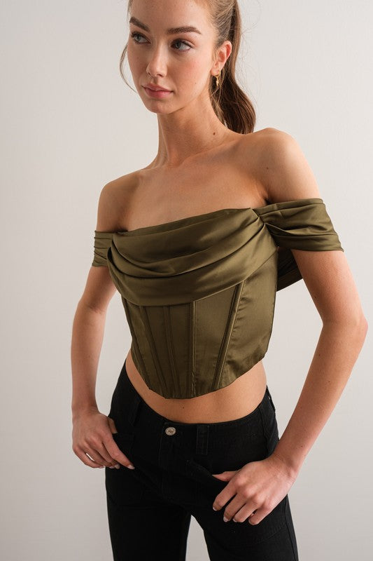Olive Satin Off Shoulder Corset Top