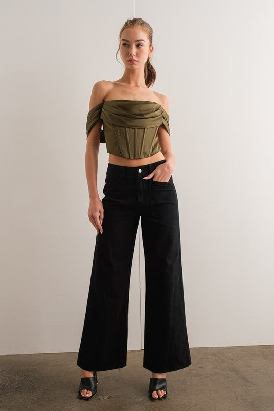 Olive Satin Off Shoulder Corset Top