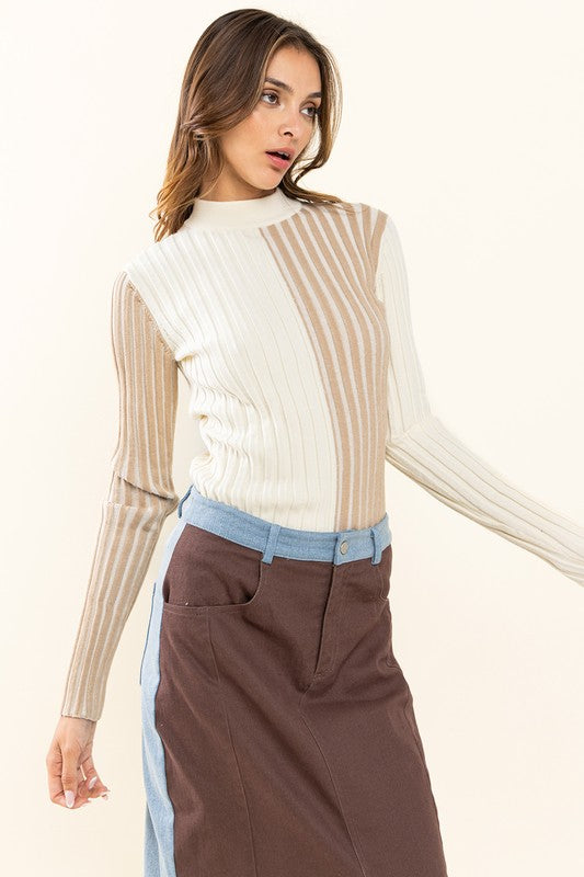 Two Tone Ribbed Sweater Top
