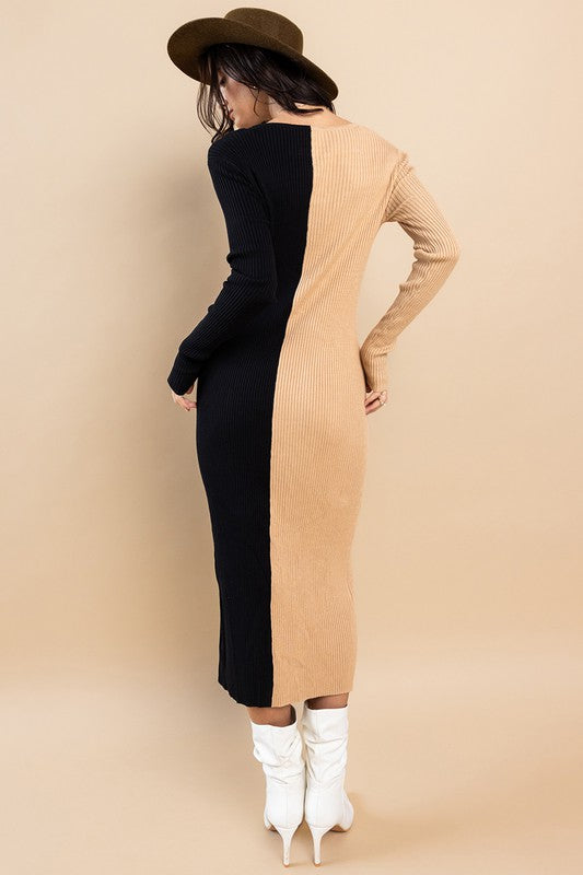 Two Tone Ribbed Midi Dress