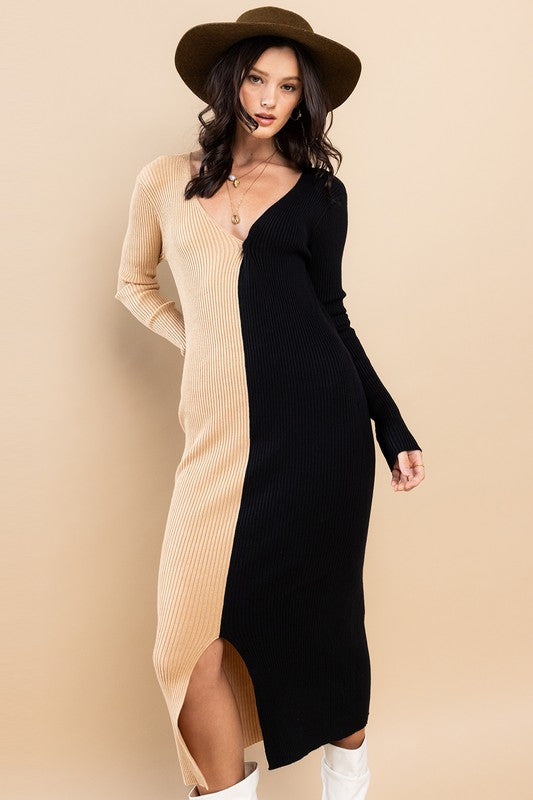 Two Tone Ribbed Midi Dress