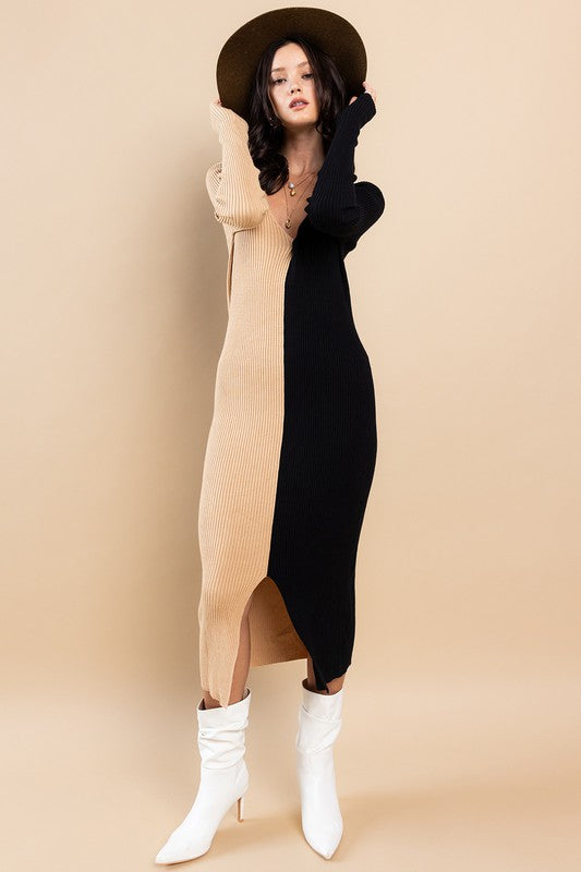 Two Tone Ribbed Midi Dress