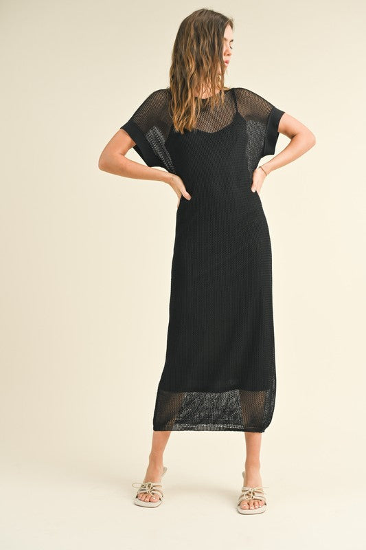 Black Net Overlay Midi Dress