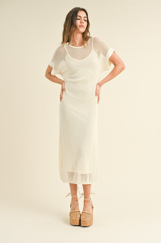 Off White Net Overlay Midi Dress