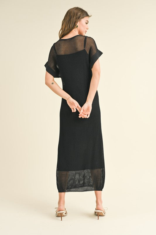 Black Net Overlay Midi Dress