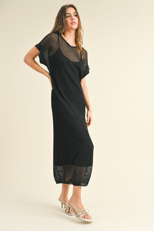 Black Net Overlay Midi Dress