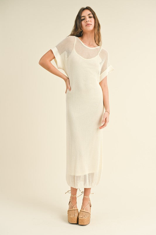 Off White Net Overlay Midi Dress