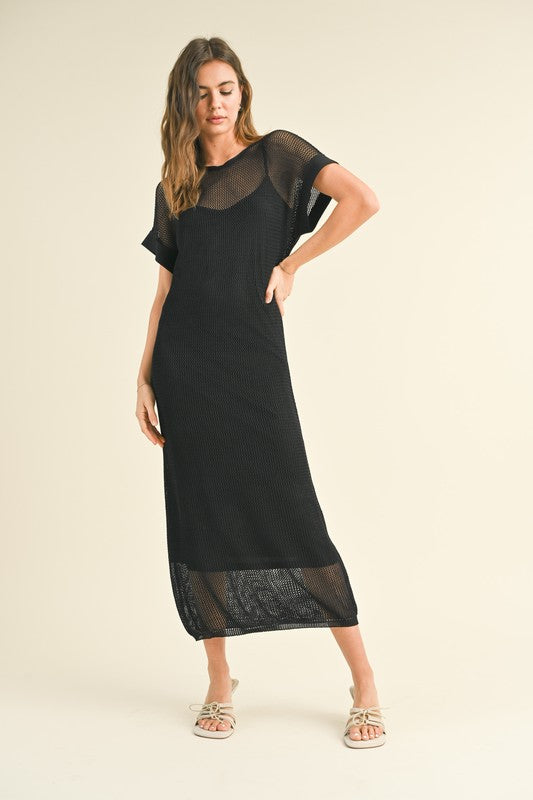 Black Net Overlay Midi Dress