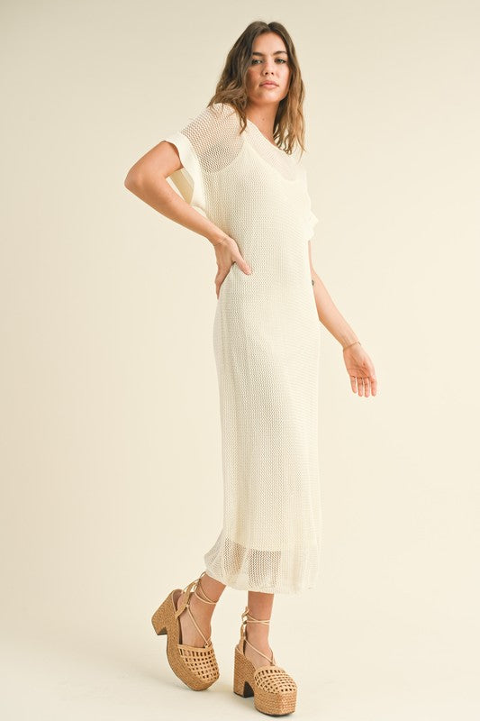 Off White Net Overlay Midi Dress