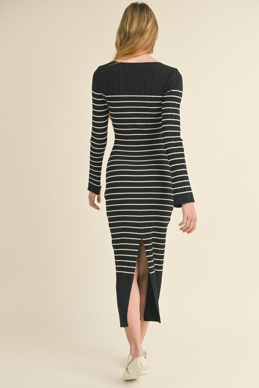Black/Cream Striped Ribbed Midi Dress