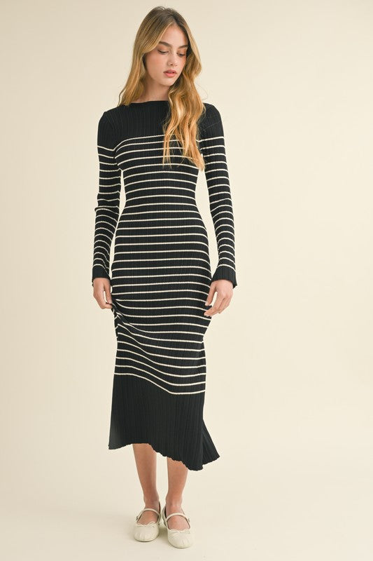 Black/Cream Striped Ribbed Midi Dress
