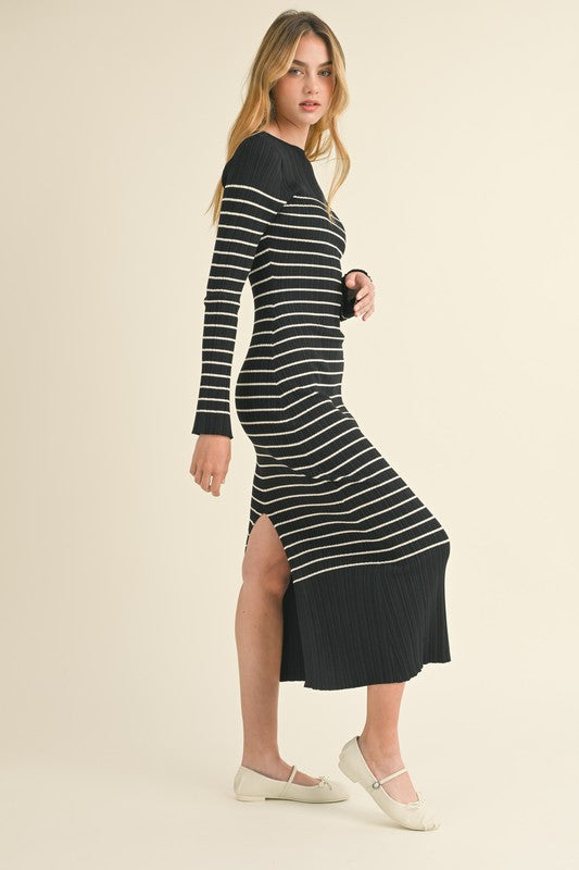 Black/Cream Striped Ribbed Midi Dress