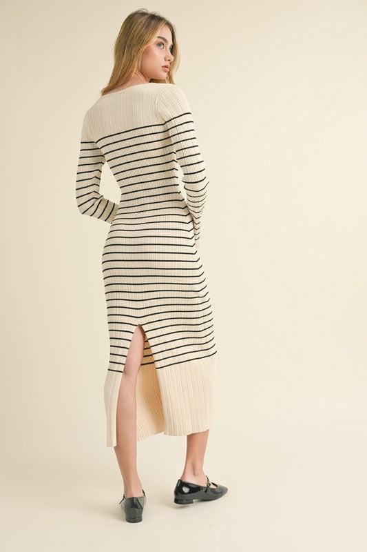 Cream/Black Striped Ribbed Midi Dress