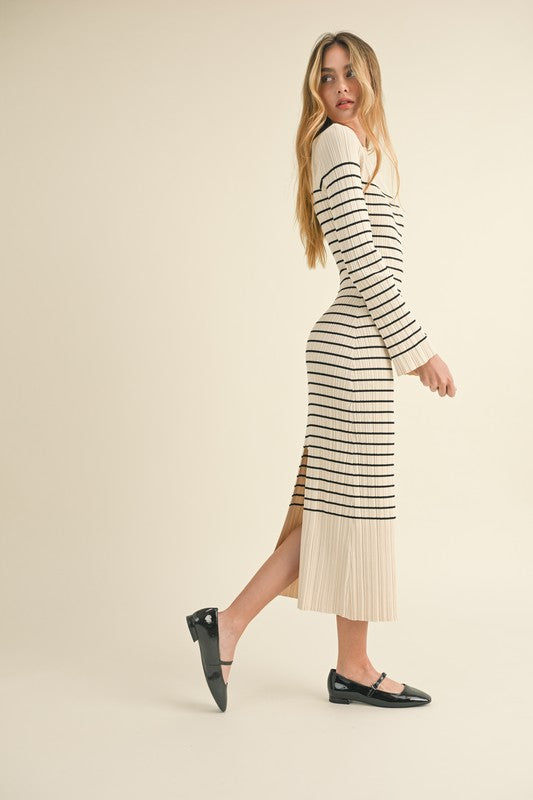 Cream/Black Striped Ribbed Midi Dress