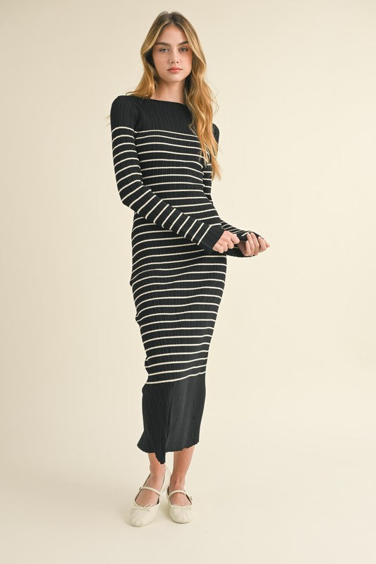 Black/Cream Striped Ribbed Midi Dress