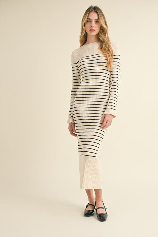 Cream/Black Striped Ribbed Midi Dress