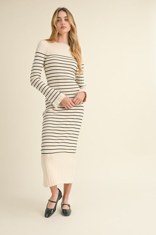 Cream/Black Striped Ribbed Midi Dress
