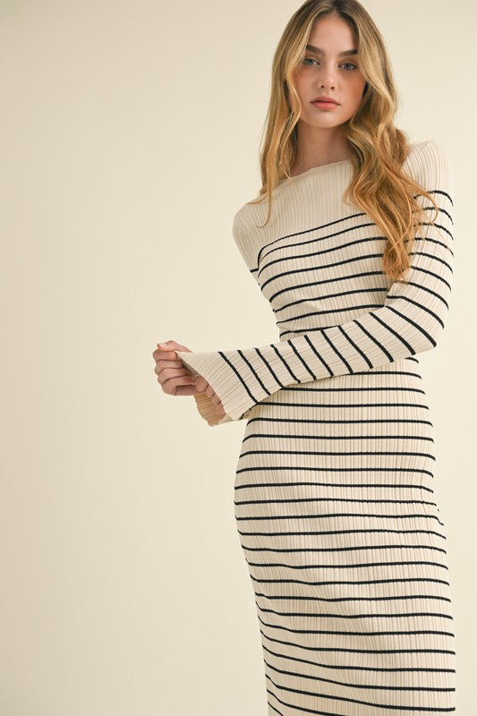 Cream/Black Striped Ribbed Midi Dress