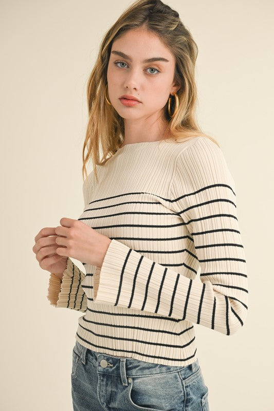 Kasey Cream/Black Ribbed LS Top