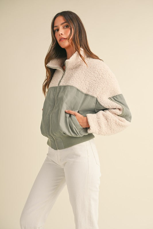 Light Olive Shearling Contrast Bomber Jacket