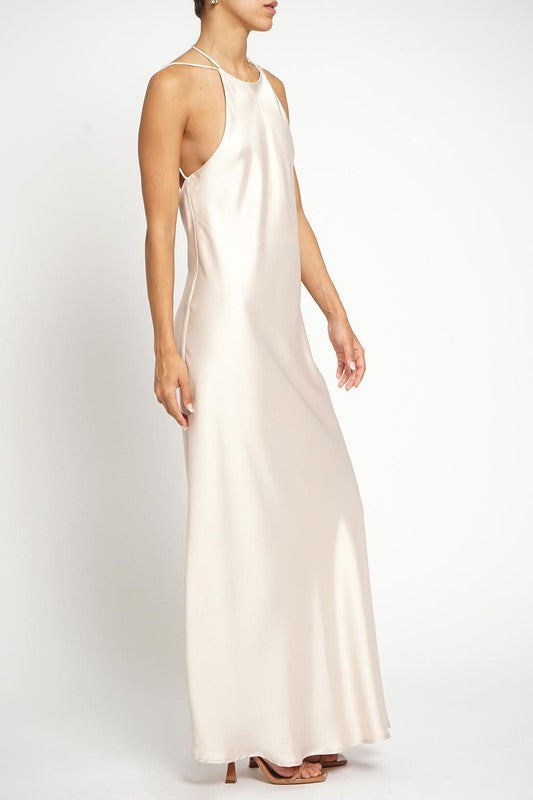 Champagne Satin High Neck Maxi