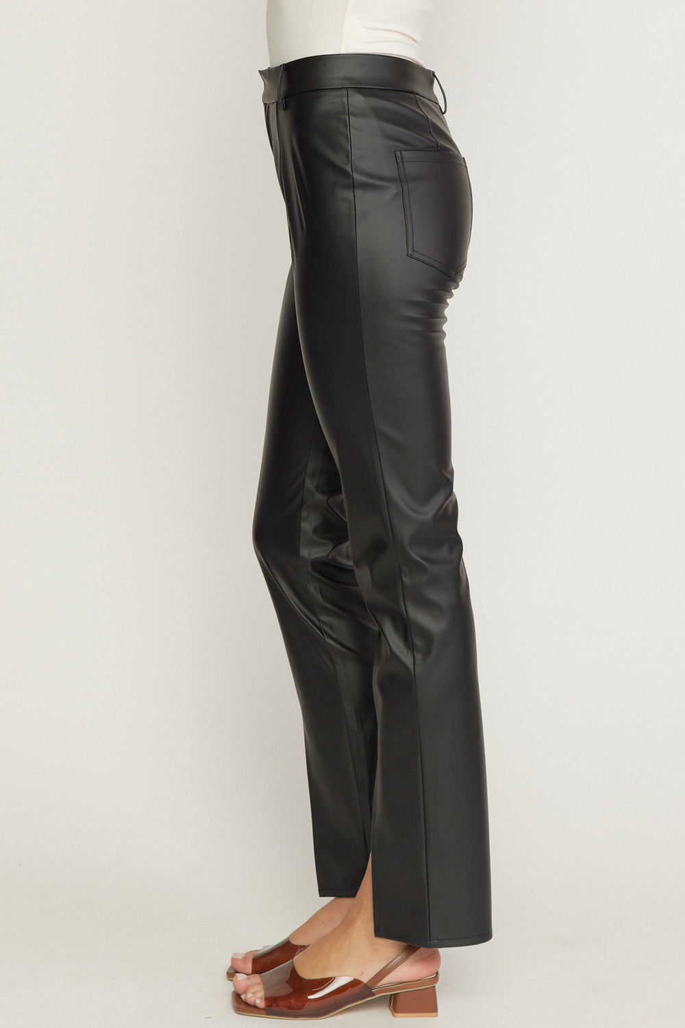 Black Leather Ankle Slit Pants