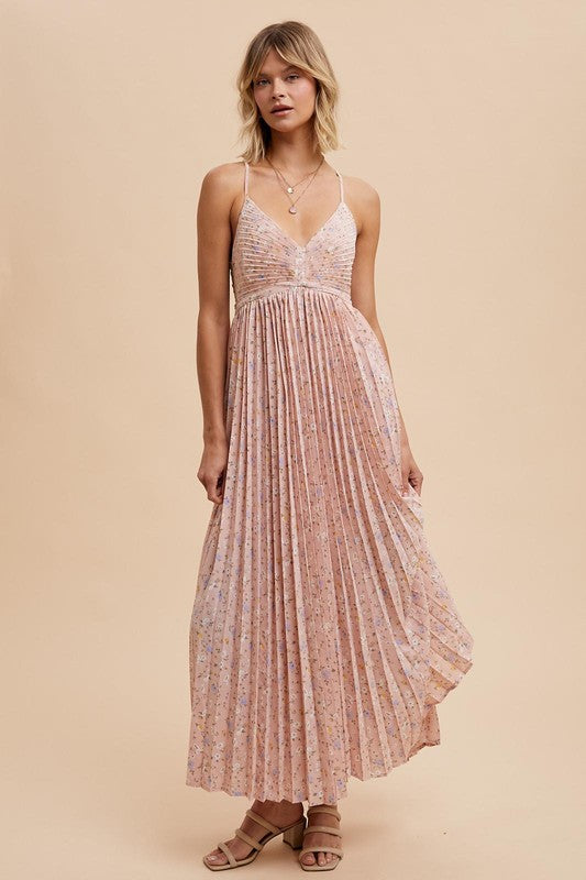 Floral Pleated Open Back Midi Dress
