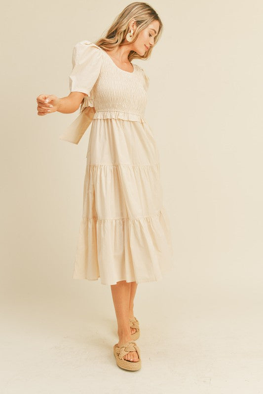 Cream Giselle Smocked Midi Dress