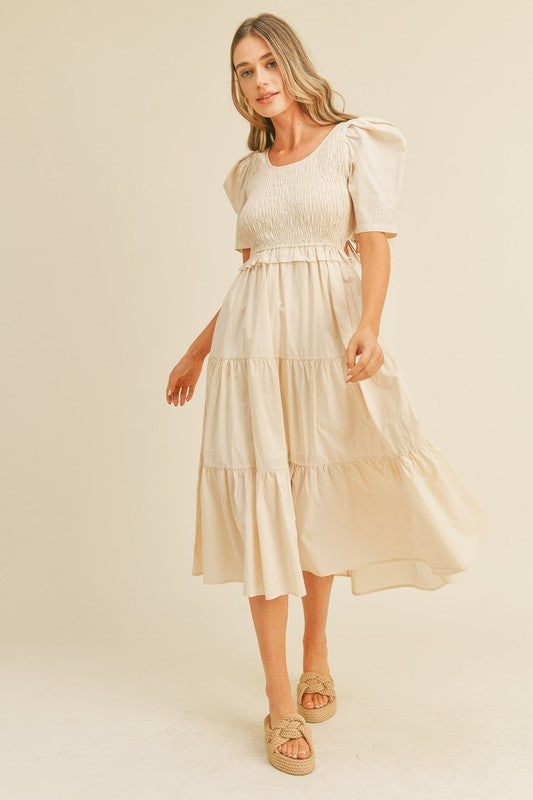 Cream Giselle Smocked Midi Dress