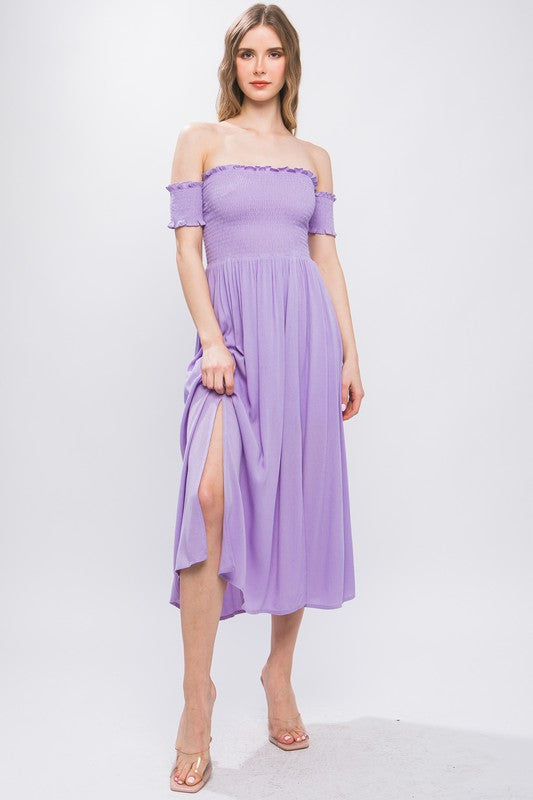 Lavender Smocked Off Shoulder Midi Dress