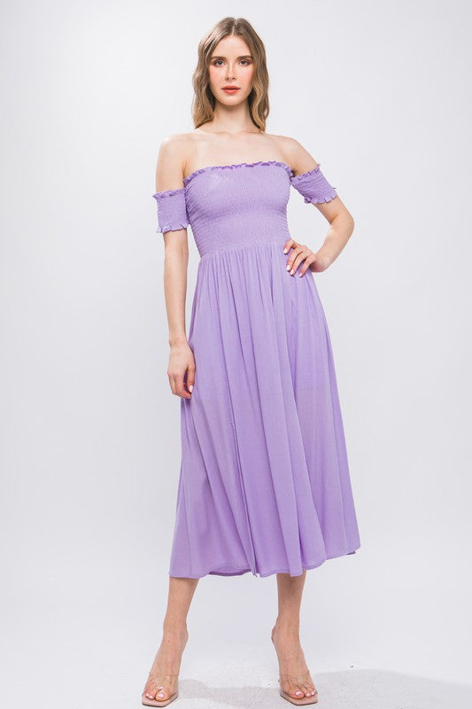 Lavender Smocked Off Shoulder Midi Dress