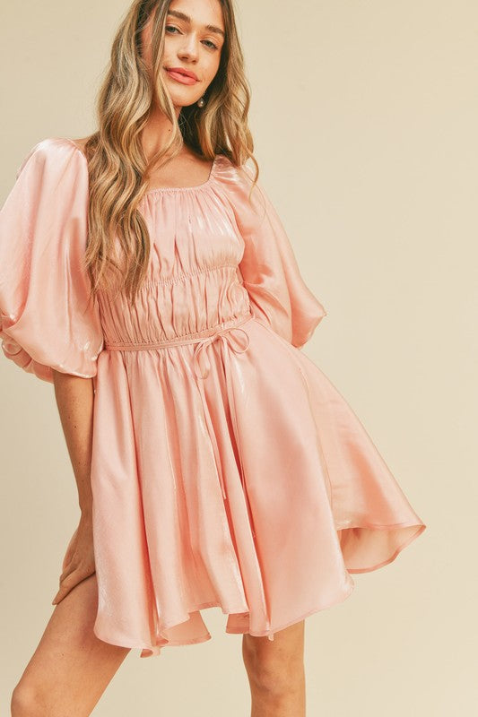 Metallic Peach Puff Sleeve Mini Dress