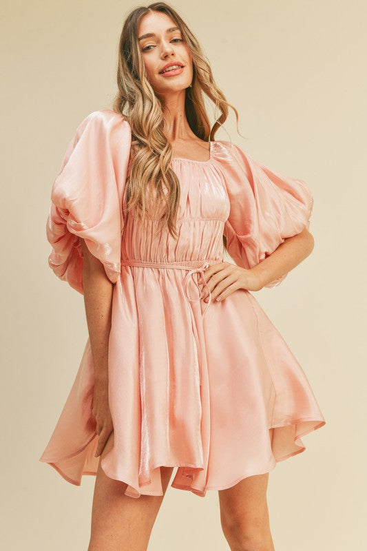 Metallic Peach Puff Sleeve Mini Dress