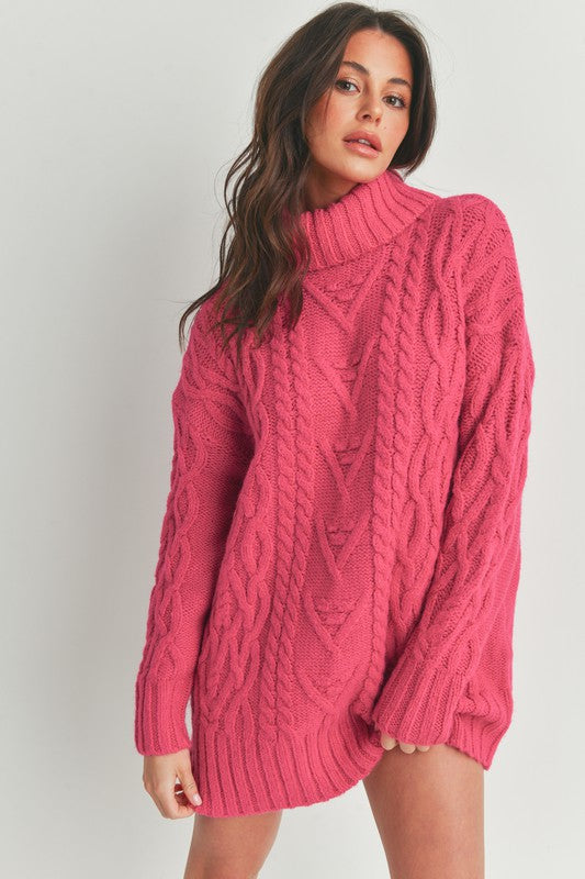 Fuchsia Cable Knit Sweater Dress