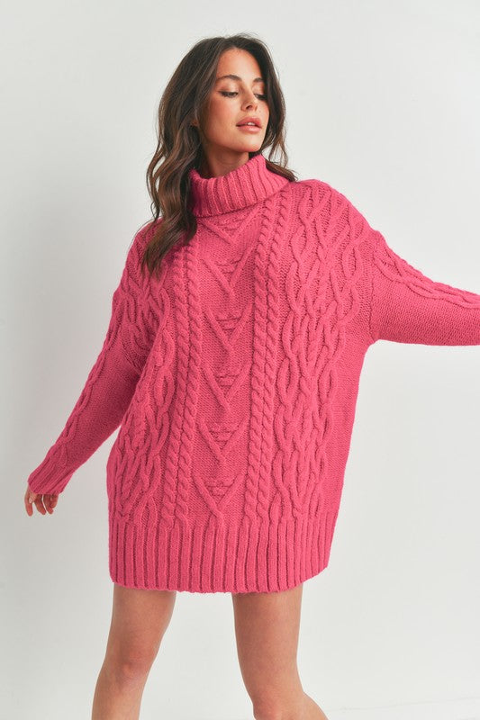 Fuchsia Cable Knit Sweater Dress