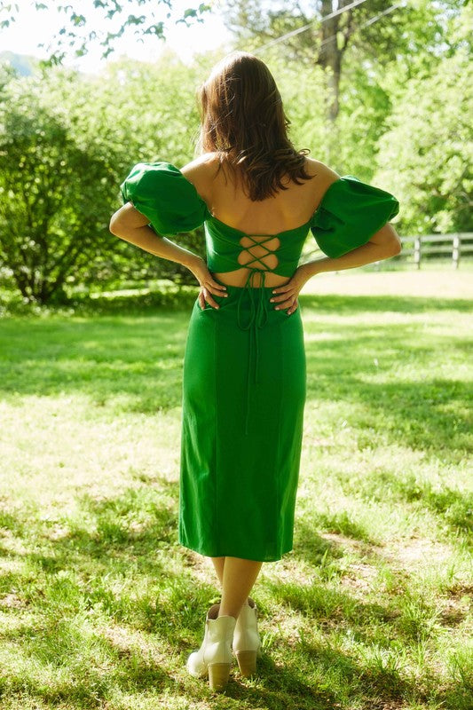 Kelly Green Puff Sleeve Midi Dress