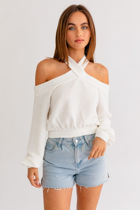 White Textured Cold Shoulder Top