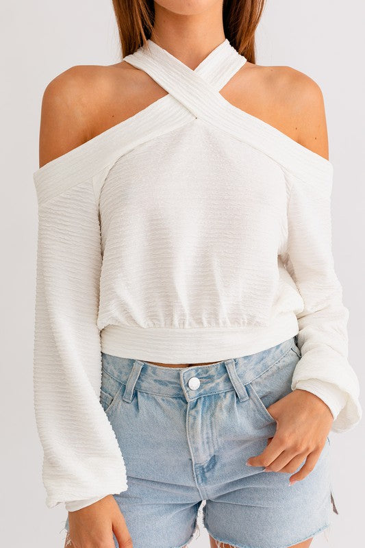 White Textured Cold Shoulder Top