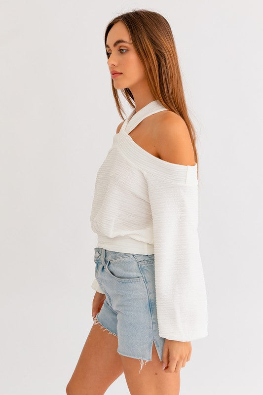 White Textured Cold Shoulder Top