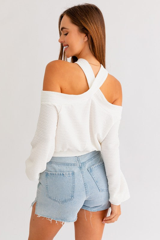 White Textured Cold Shoulder Top