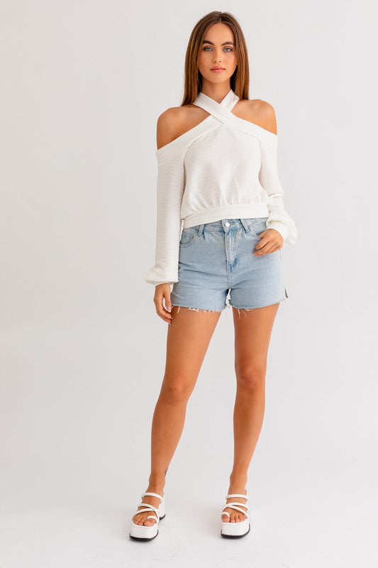 White Textured Cold Shoulder Top